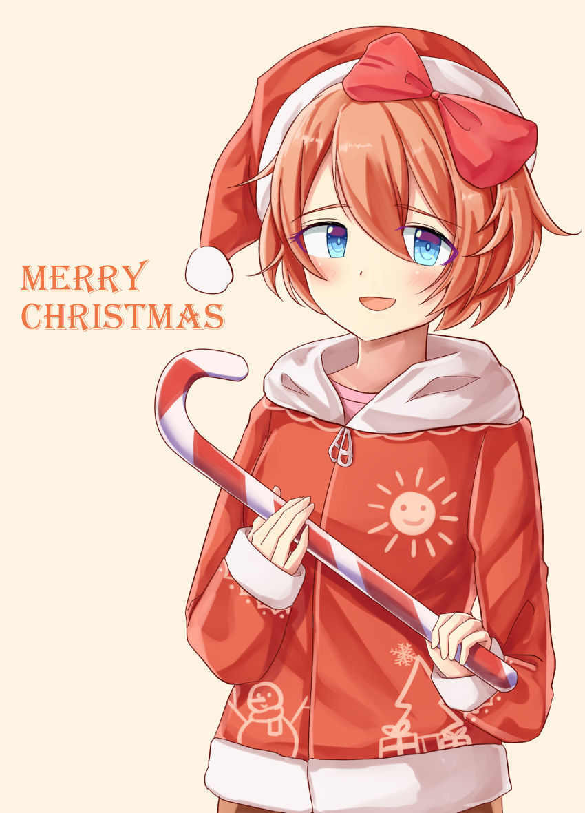 1girl :d blue_eyes blush bow candy candy_cane doki_doki_literature_club food hair_bow hat highres long_sleeves looking_at_viewer merry_christmas open_mouth orange_hair red_bow santa_costume santa_hat sayori_(doki_doki_literature_club) short_hair smile snowman sun yu_cha zipper