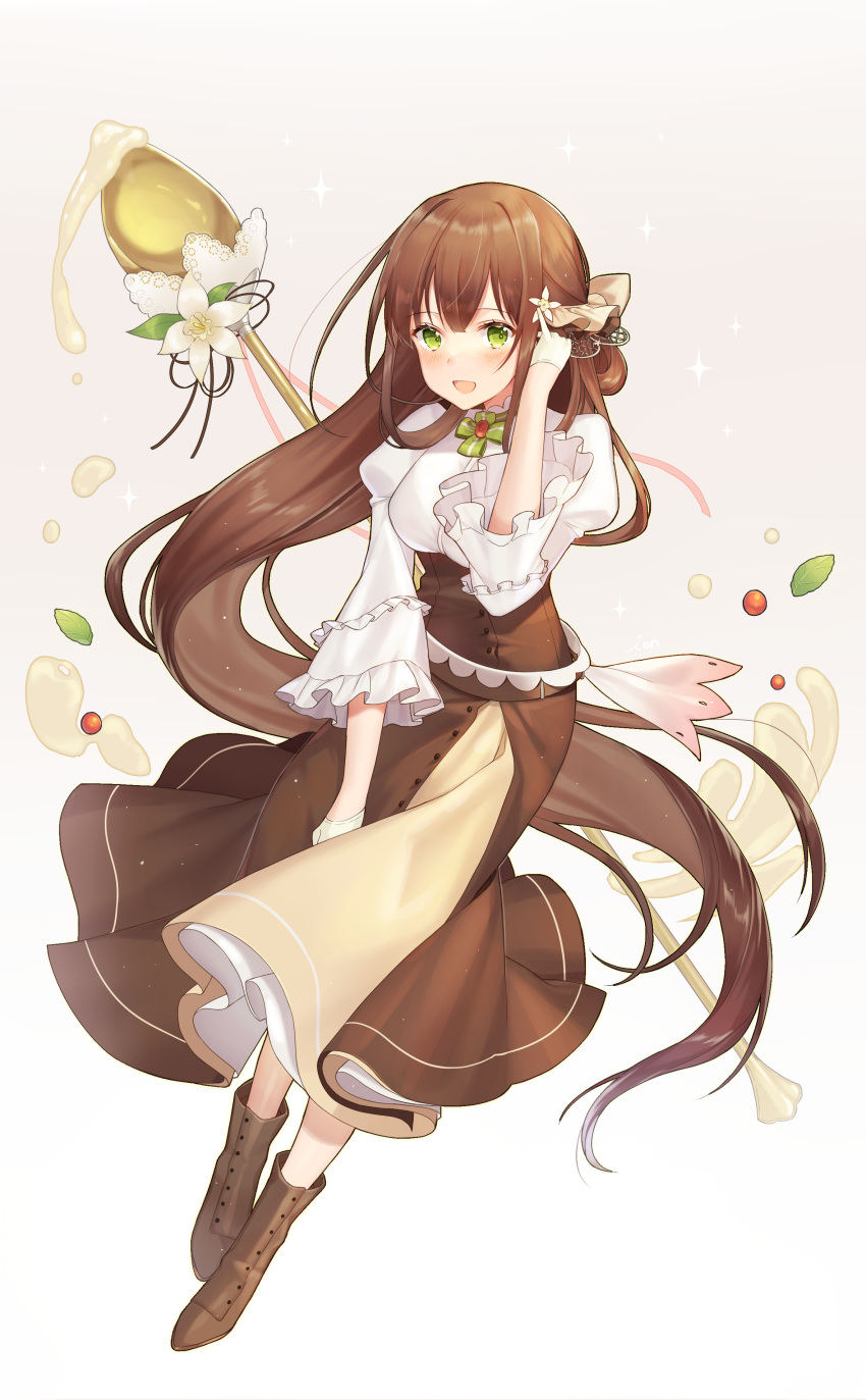 1girl :d absurdres bangs blush boots breasts brown_footwear brown_hair brown_skirt floating_hair flower food food_fantasy frilled_sleeves frills full_body gloves gradient gradient_background green_eyes green_neckwear hair_flower hair_ornament hair_ribbon hand_up highres ion_(on01e) juliet_sleeves leaf long_hair long_skirt long_sleeves looking_at_viewer medium_breasts open_mouth puffy_sleeves ribbon shirt sidelocks skirt smile solo staff tiramisu_(food_fantasy) underbust very_long_hair white_flower white_gloves white_shirt