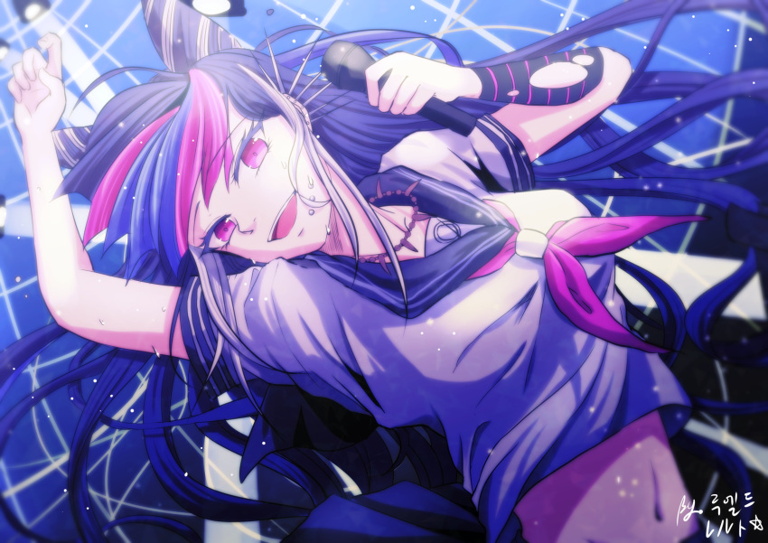 1girl :d arm_up black_hair black_sailor_collar black_sleeves chin_piercing collar dangan_ronpa detached_sleeves ear_piercing floating_hair fndpfeb3014 highlights highres holding holding_microphone long_hair microphone midriff mioda_ibuki multicolored_hair navel neckerchief open_mouth piercing red_eyes red_neckwear sailor_collar school_uniform serafuku shirt short_sleeves smile solo stomach striped_sleeves super_dangan_ronpa_2 torn_clothes torn_sleeves upper_body very_long_hair white_shirt