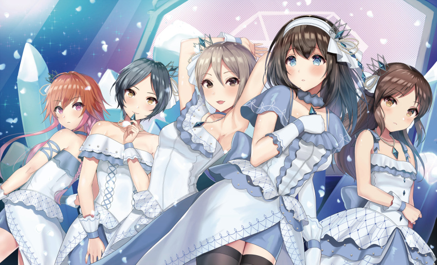 5girls armpits arms_up bangs bare_arms bare_shoulders black_eyes black_hair black_legwear blue_eyes blue_skirt breasts brown_eyes brown_hair commentary_request cowboy_shot crown crystal dress dutch_angle glint grey_hair hair_ornament hair_ribbon hairband hand_on_own_chest hand_up hayami_kanade highres idolmaster idolmaster_cinderella_girls idolmaster_cinderella_girls_starlight_stage jewelry legs_apart legs_together long_hair looking_at_viewer medium_breasts mini_crown miniskirt multicolored_hair multiple_girls necklace ninomiya_asuka off-shoulder_dress off_shoulder orange_hair parted_bangs pencil_skirt ribbon sagisawa_fumika saite_jewel sakamuke shiomi_shuuko short_hair short_sleeves skirt small_breasts standing tachibana_arisu thigh-highs two-tone_hair violet_eyes white_dress white_ribbon wrist_cuffs yellow_eyes zettai_ryouiki