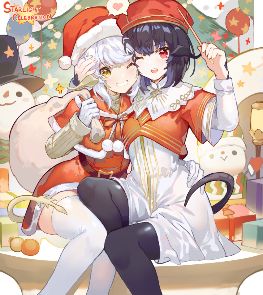 2girls ;d akizone au_ra bauble belt black_hair black_hat black_legwear blush box capelet christmas christmas_tree dress feet_out_of_frame final_fantasy final_fantasy_xiv fur-trimmed_capelet fur_trim gift gift_box grin hat heart highres horns multiple_girls one_eye_closed open_mouth pantyhose pom_pom_(clothes) red_capelet red_dress red_eyes red_hat ribbed_sweater santa_costume santa_hat short_hair sitting skindentation smile snowman spoken_heart sweater tail thigh-highs top_hat upper_teeth white_dress white_hair white_legwear yellow_eyes