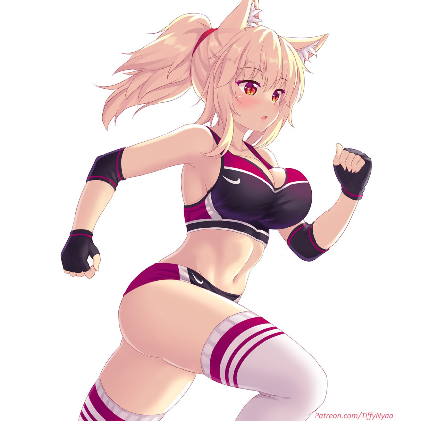 1girl animal_ear_fluff animal_ears black_gloves blonde_hair blush breasts buruma cat_ears cleavage commentary elbow_pads english_commentary eyebrows_visible_through_hair fast-runner-2024 fingerless_gloves gloves highres large_breasts long_hair midriff navel open_mouth original patreon_username ponytail profile red_eyes running slit_pupils solo sports_bikini sports_bra sportswear thigh-highs tiffy watermark web_address white_background white_legwear