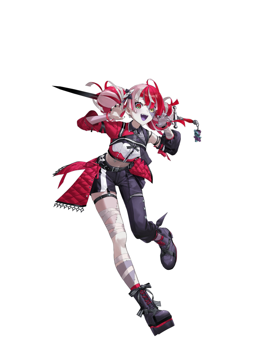 1girl :d absurdres ahoge amagai_tarou asymmetrical_clothes bandaged_leg bandages black_footwear black_nails black_pants blunt_ends boots center_frills claw_pose collared_shirt colored_skin commentary cropped_shirt cross-laced_footwear detached_sleeves diamond-shaped_pupils diamond_(shape) double_bun english_commentary frills full_body grey_hair grey_skin hair_bun heterochromia highres hololive hololive_indonesia impaled kureiji_ollie lace-up_boots long_sleeves looking_at_viewer matsuura_kento midriff nail_polish official_alternate_costume official_art pants patchwork_skin pink_hair puffy_short_sleeves puffy_sleeves red_eyes red_hair red_shirt second-party_source shirt short_sleeves simple_background single_pantsleg smile solo stitched_arm stitched_face stitched_leg stitches sword symbol-shaped_pupils teeth thigh_strap upper_teeth_only virtual_youtuber weapon white_background x-shaped_pupils yellow_eyes zombie