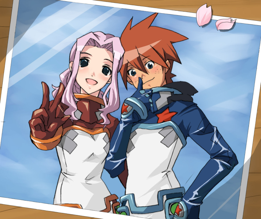 darry_adai freckles gimmy gimmy_adai highres orange_hair photo_(object) picture pilot_suit pink_hair ponytail shion_souta short_hair smile tengen_toppa_gurren_lagann