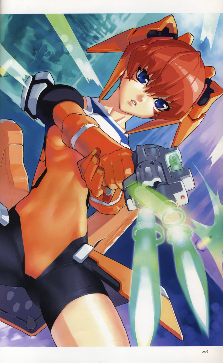 absurdres battle blue_eyes bodysuit caseal gloves gun hakua_ugetsu highres parhelia phantasy_star phantasy_star_online racaseal red_hair redhead scan skin_tight stella stella_(pso) ugetsu_hakua weapon