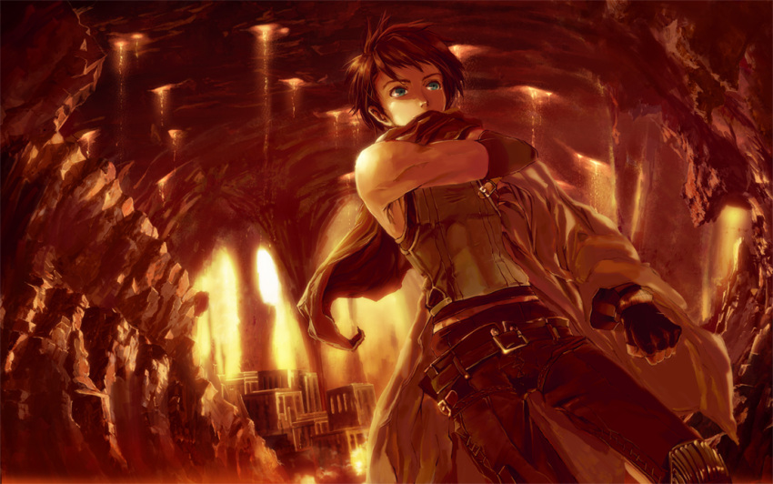 blue_eyes brown_hair cave fingerless_gloves gloves katou_taira male male_only original red wallpaper widescreen