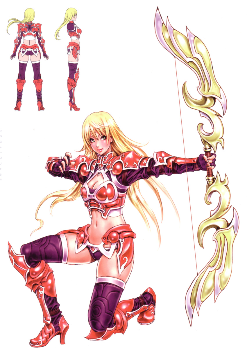 1girl armor bikini_armor blonde_hair blush boots bow_(weapon) breasts character_sheet cleavage cleavage_cutout closed_mouth crop_top elf fantasy female full_body green_eyes high_boots highres holding holding_bow_(weapon) holding_weapon huge_weapon knee_boots kneeling lipstick long_hair lowleg midriff mu_online muse_elf navel pointy_ears scan simple_background smile solo standing thigh-highs thighhighs turnaround turtleneck weapon white_background wild_flower yamashita_shun'ya yamashita_shunya