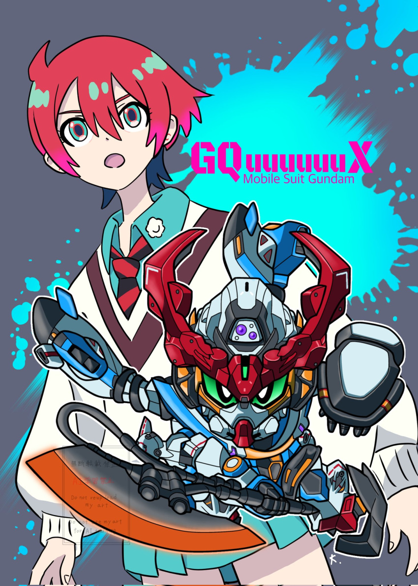 1girl amate_yuzuriha aqua_eyes axe azumae_keita glowing glowing_eyes gquuuuuux green_eyes gundam gundam_gquuuuuux heat_hawk highres holding holding_axe holding_weapon long_sleeves looking_at_viewer mecha mobile_suit necktie open_mouth red_hair robot school_uniform science_fiction sd_gundam shirt short_hair skirt sweater v-fin weapon