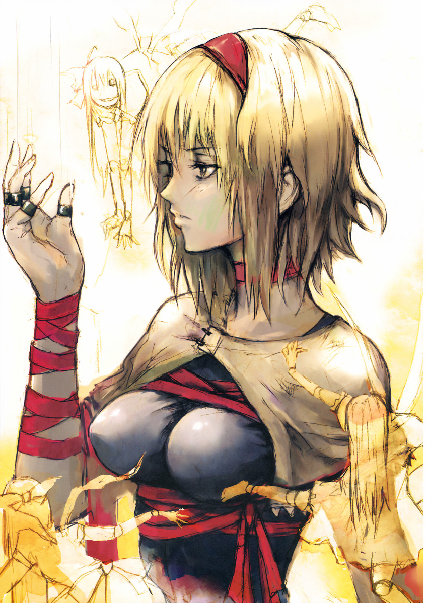 alice_margatroid blonde_hair breasts choker doll dolls hairband highres jewelry morogami_ryou ribbon ribbons ring serious short_hair sketch solo touhou yellow_background