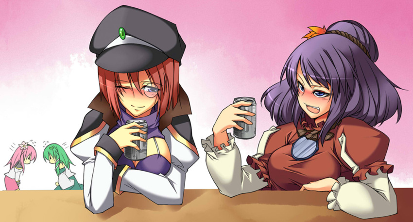 beihan drink drunk flower forte_stollen galaxy_angel green_hair hat japanese_clothes kochiya_sanae kokka_han long_hair miko milfeulle_sakuraba monocle pink_hair purple_hair red_hair redhead rope short_hair touhou uniform yasaka_kanako