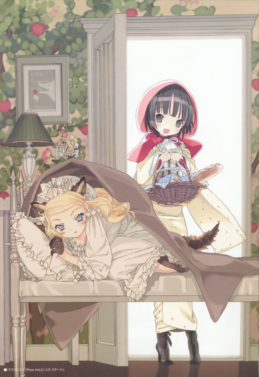 :d absurdres alice_blanche animal_ears bed big_bad_wolf_(cosplay) big_bad_wolf_(grimm) black_hair blonde_hair blue_eyes blush_stickers cosplay french grandmother_(little_red_riding_hood) grey_eyes grimm's_fairy_tales highres hood ikoku_meiro_no_croisee ikoku_meiro_no_kurowaaze lamp little_red_riding_hood little_red_riding_hood_(cosplay) little_red_riding_hood_(grimm) multiple_girls open_door open_mouth pillow smile tail takeda_hinata wolf_ears wolf_tail wolfgirl yune_(ikoku_meiro_no_croisee)