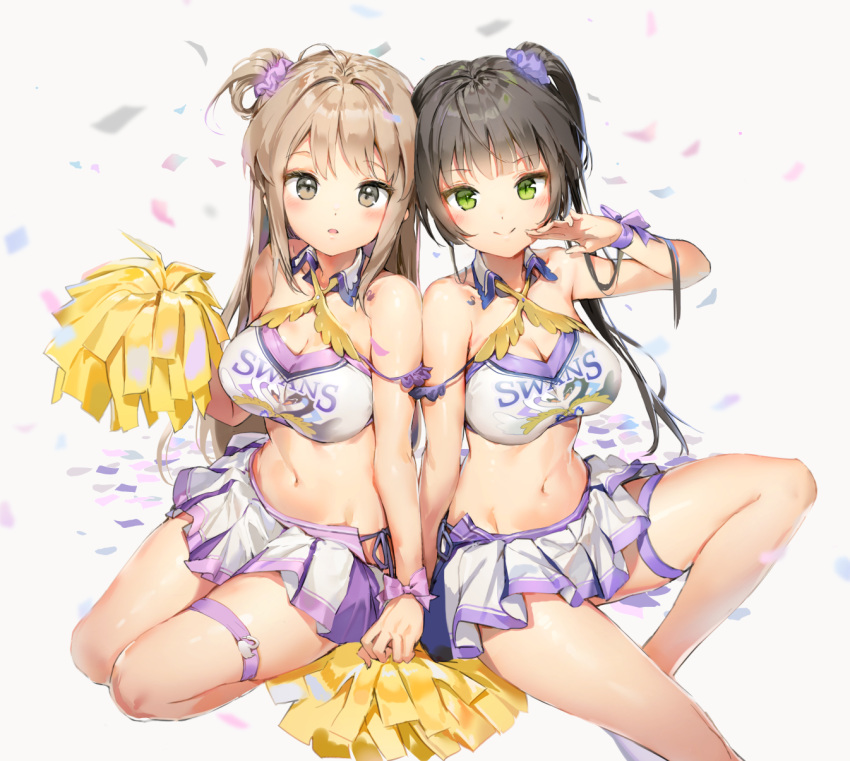 2girls anmi bangs black_hair blush breasts brown_eyes cheerleader cleavage closed_mouth clothes_writing collarbone crop_top green_eyes groin hair_between_eyes hair_ornament hair_scrunchie hand_up highres holding_hand large_breasts light_brown_hair long_hair looking_at_viewer medium_breasts midriff miniskirt multiple_girls navel one_side_up open_mouth original pink_ribbon pleated_skirt pom_poms purple_ribbon purple_scrunchie ribbon scrunchie side-tie_skirt sidelocks sitting skirt smile stomach thigh_strap wrist_ribbon