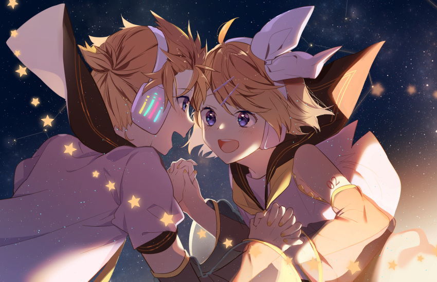 1boy 1girl :d ahoge arm_warmers bangs black_sailor_collar blonde_hair blue_eyes blush constellation detached_sleeves eyebrows_visible_through_hair hair_ribbon hand_holding headphones highres kagamine_len kagamine_rin light_particles long_sleeves looking_at_another nail_polish neckerchief omutatsu open_mouth ribbon sailor_collar shirt short_hair short_sleeves siblings smile star swept_bangs transparent upper_body upper_teeth vocaloid white_ribbon white_shirt wind yellow_nails yellow_neckwear