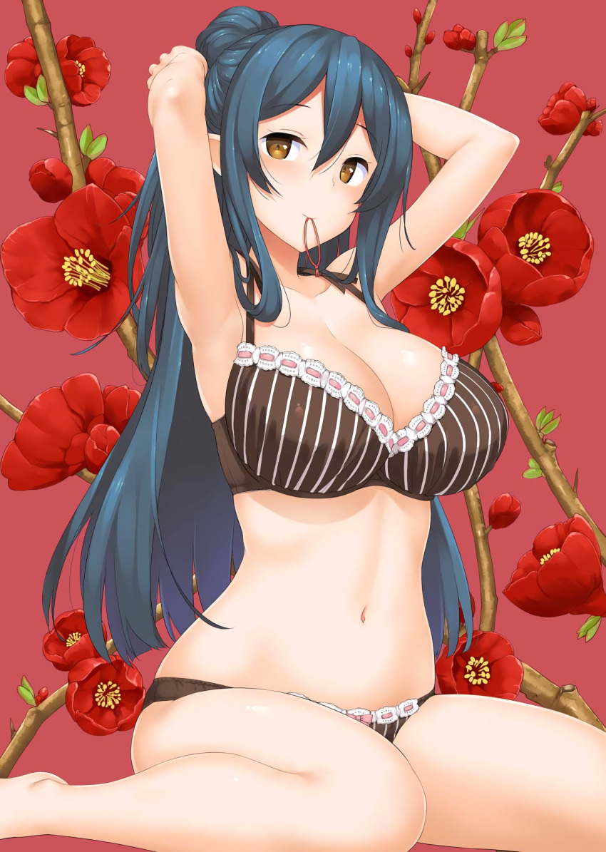 1girl adjusting_hair arifureta_shokugyou_de_sekai_saikyou armpits arms_behind_head arms_up bangs bare_arms bare_legs bare_shoulders barefoot black_bra black_panties blue_hair bra breasts brown_eyes cleavage collarbone floral_background flower hair_between_eyes hair_tie hair_tie_in_mouth highres large_breasts lingerie long_hair looking_at_viewer mouth_hold navel panties pointy_ears ponytail red_background red_flower sidelocks sitting solo stomach striped striped_bra takayaki thighs tio_clarce underwear underwear_only wariza