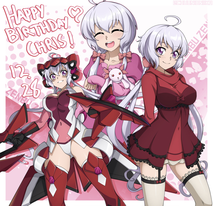 1girl 2018 ahoge arms_behind_back breasts chuunioniika collage commentary covered_navel dated detached_sleeves dress dual_wielding english_commentary eyebrows_visible_through_hair garter_straps gloves grey_legwear happy_birthday headgear highres holding large_breasts long_hair looking_at_viewer low_twintails mecha_musume pink_dress pink_sleeves purple_dress red_legwear ringed_eyes senki_zesshou_symphogear silver_hair skin_tight solo stuffed_animal stuffed_bunny stuffed_toy thigh-highs twintails very_long_hair violet_eyes younger yukine_chris