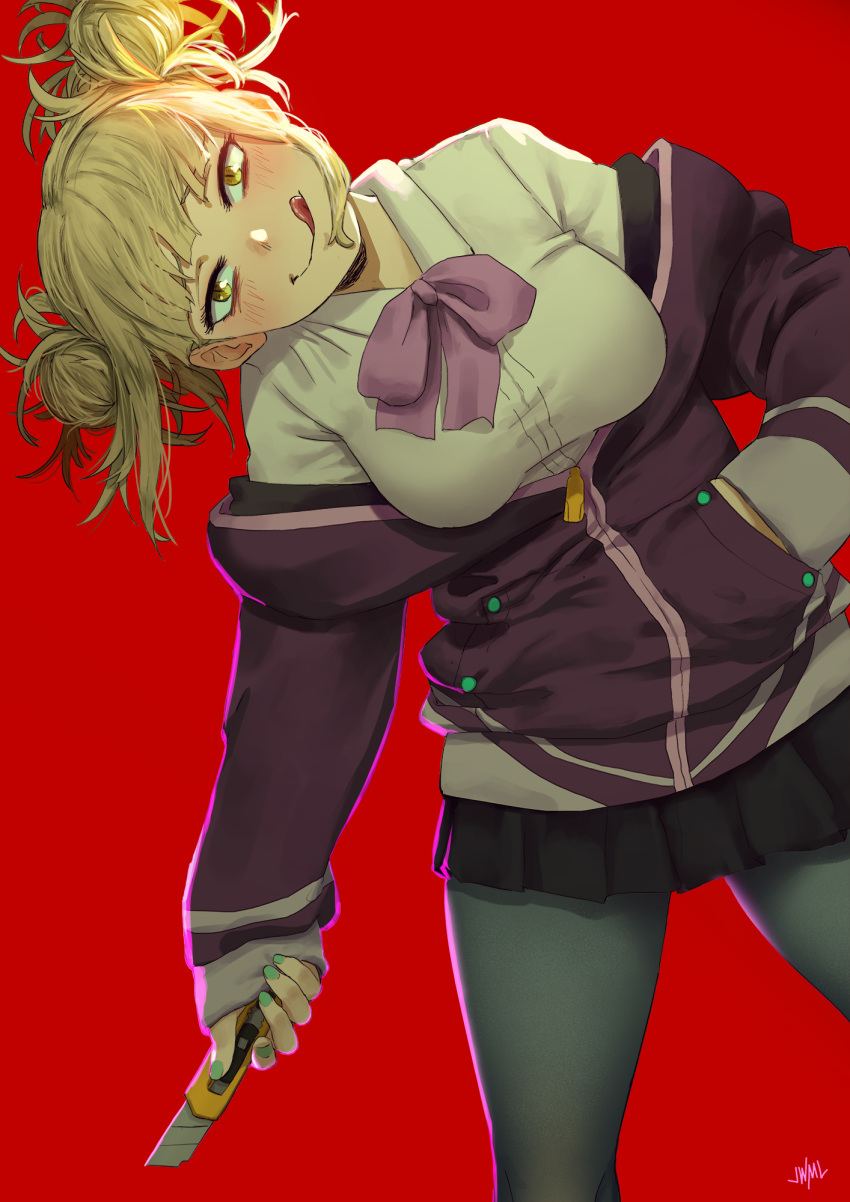 1girl :q bangs black_skirt blonde_hair blush boku_no_hero_academia bow bowtie breasts collared_shirt commentary_request cosplay double_bun fingernails green_nails grey_legwear hand_in_pocket head_tilt highres holding jacket justin_leyva_(steamy_tomato) large_breasts leaning_to_the_side long_sleeves looking_at_viewer messy_hair nail_polish off_shoulder pantyhose pink_neckwear pleated_skirt purple_jacket red_background shijou_takane shijou_takane_(cosplay) shirt signature simple_background skirt smile solo ssss.gridman toga_himiko tongue tongue_out white_shirt wing_collar yellow_eyes