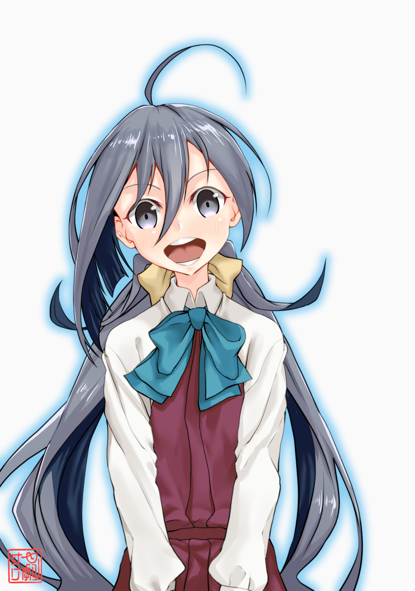 1girl absurdres ahoge blue_hair bow bowtie dress grey_eyes grey_hair hair_between_eyes halterneck highres kantai_collection kiyoshimo_(kantai_collection) long_hair low_twintails multicolored_hair open_mouth shirt simple_background sleeveless sleeveless_dress smile solo traditional_media twintails upper_body very_long_hair white_background white_shirt yunoji_yusuke