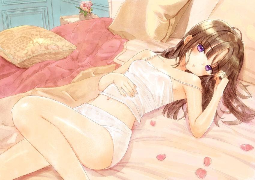 1girl arm_up bangs bare_arms bare_shoulders bed_sheet breasts brown_hair camisole collarbone commentary_request dutch_angle eyebrows_visible_through_hair flower hair_between_eyes hand_in_hair head_tilt indoors long_hair navel original panties parted_lips petals pillow pink_flower small_breasts solo strap_slip tsukigami_runa underwear underwear_only violet_eyes white_camisole white_panties