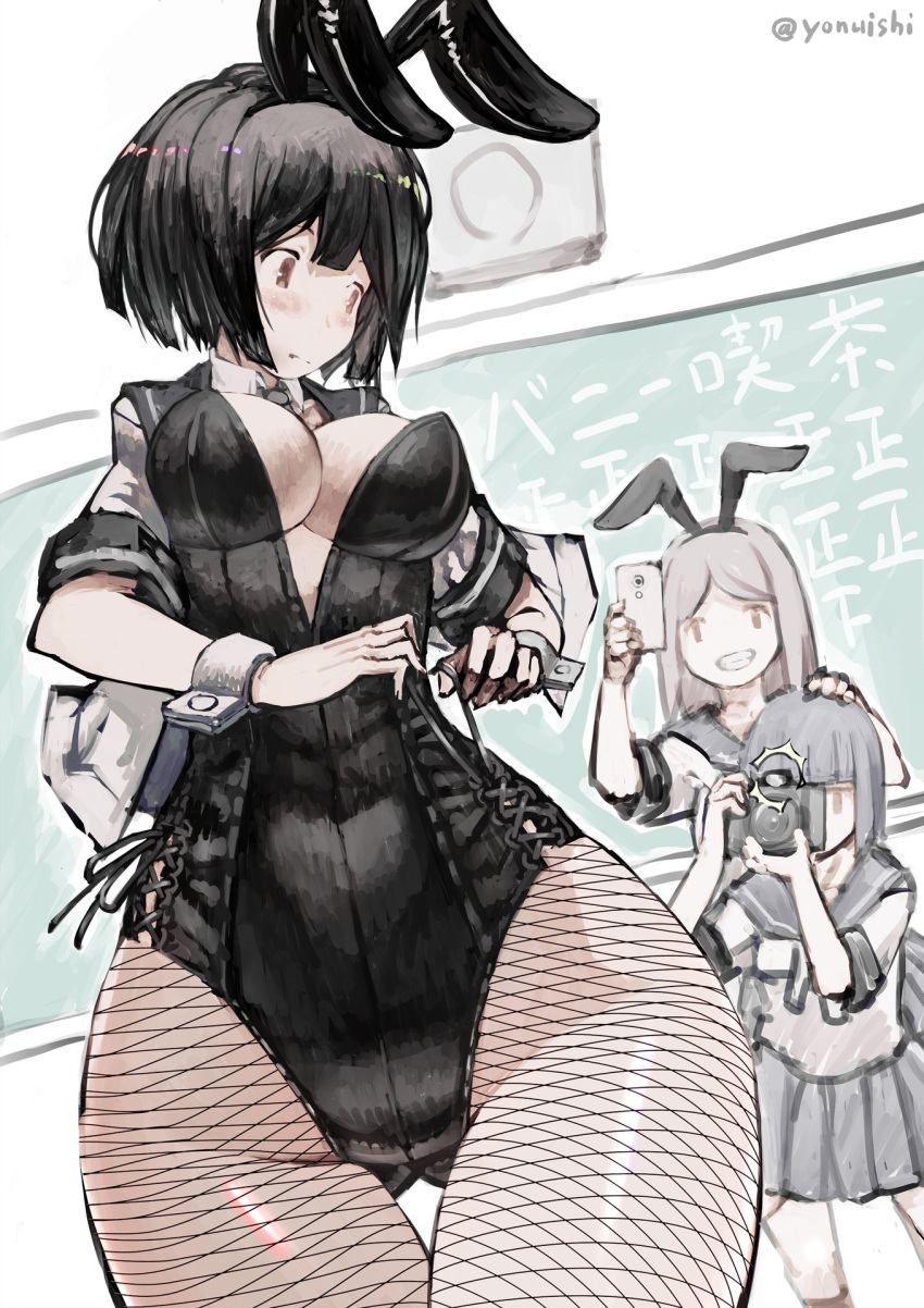 3girls animal_ears black_hair breasts bunnysuit center_opening chalkboard cleavage fake_animal_ears fishnet_pantyhose fishnets highres multiple_girls original pantyhose rabbit_ears taking_picture tefec thigh_gap tying wrist_cuffs