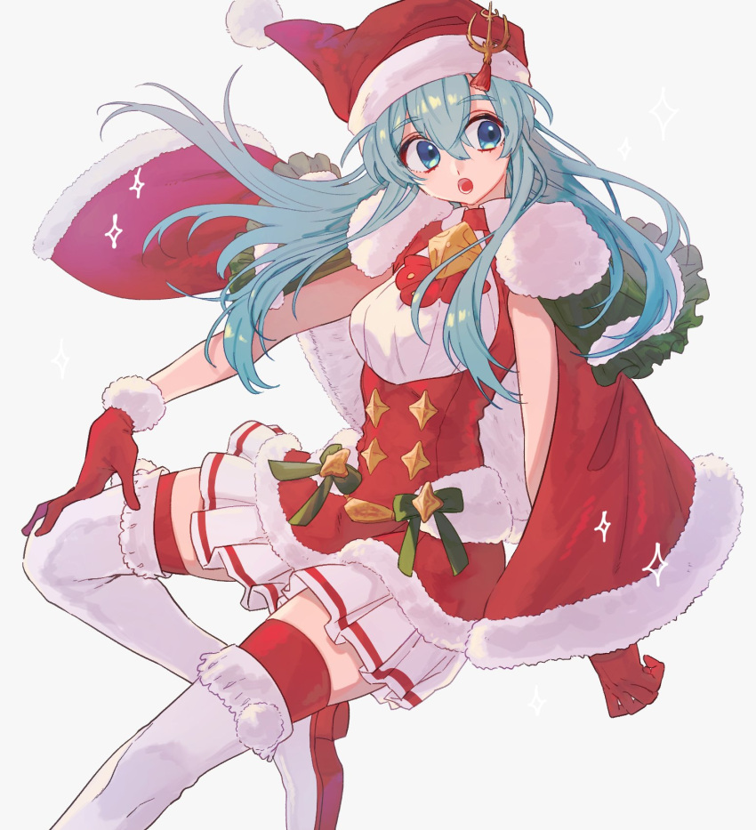 1girl aqua_hair blue_eyes blue_hair blush cape christmas dress eirika elbow_gloves fire_emblem fire_emblem:_seima_no_kouseki fire_emblem_heroes fur_trim gloves hat highres itou_(very_ito) long_hair looking_at_viewer nintendo open_mouth santa_costume simple_background skirt smile solo thigh-highs white_background zettai_ryouiki