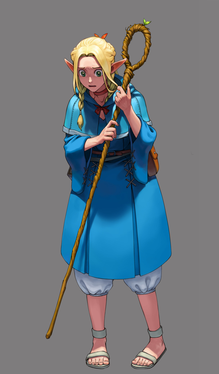 1girl absurdres belt blonde_hair blue_capelet blue_dress braid capelet choker dress dungeon_meshi elf fingernails full_body green_eyes grey_background highres holding hosi_na leaf long_pointy_ears long_sleeves looking_down magician marcille parted_lips pigeon-toed pointy_ears pouch puffy_pants red_choker sandals scared simple_background solo staff standing toenails wide-eyed wide_sleeves