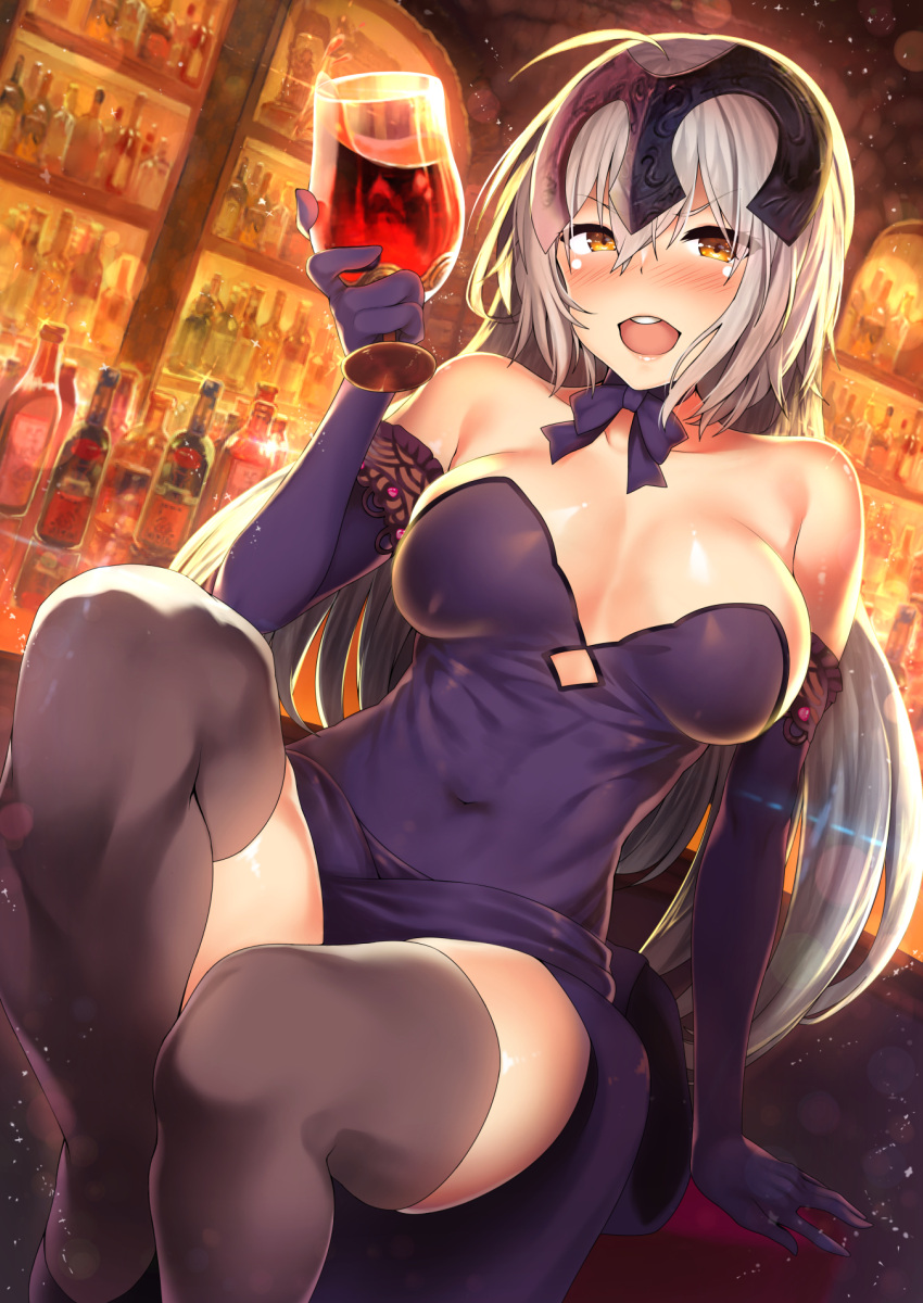 1girl ahoge alcohol bangs bar bare_shoulders black_dress black_gloves black_legwear blush breasts cleavage covered_navel cup dress drinking_glass elbow_gloves fate/grand_order fate_(series) gloves hair_between_eyes headpiece highres hips jeanne_d'arc_(alter)_(fate) jeanne_d'arc_(fate)_(all) kawai large_breasts long_hair looking_at_viewer open_mouth silver_hair sitting smile solo thighs very_long_hair wine wine_glass yellow_eyes
