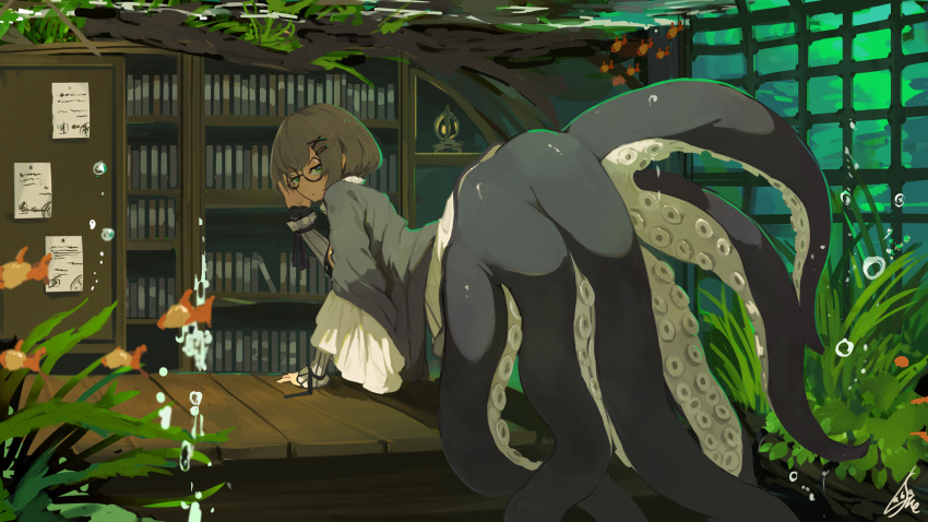 1girl bangs bob_cut bookshelf brown_hair bubble dress fish frilled_sleeves frills from_behind full_body glasses hair_ornament hairpin highres indoors lansane long_sleeves looking_at_viewer looking_back monster_girl original plant scylla short_hair signature solo suction_cups tentacle underwater wide_sleeves
