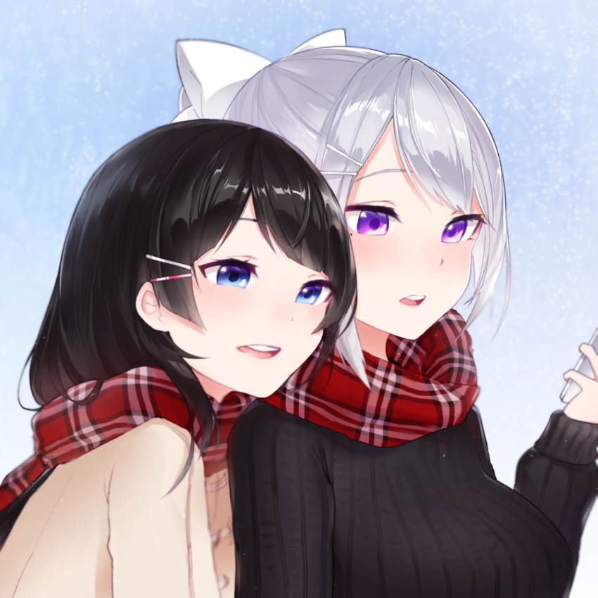 13o 2girls bangs black_hair black_sweater blue_eyes bow breasts brown_coat cellphone coat commentary_request eyebrows_visible_through_hair hair_bow hair_ornament hairclip hand_up highres higuchi_kaede holding holding_cellphone holding_phone large_breasts long_sleeves multiple_girls nijisanji parted_lips phone plaid plaid_scarf ponytail red_scarf ribbed_sweater scarf silver_hair sleeves_past_wrists sweater tsukino_mito upper_body upper_teeth violet_eyes virtual_youtuber white_bow