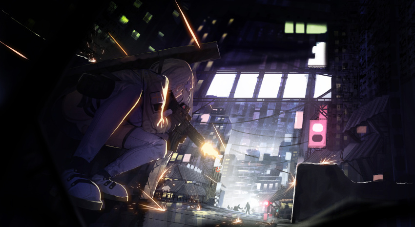 1girl absurdres assault_rifle bangs boots breasts cityscape firing girls_frontline gloves gun hair_ornament heckler_&amp;_koch highres hk416 hk416_(girls_frontline) holding holding_gun holding_weapon ihobus jacket long_hair night open_clothes open_jacket outdoors panties pouch ricocheting rifle silver_hair squatting swedish_flag taking_cover thigh-highs thigh_boots thigh_strap underwear weapon weapon_bag white_footwear white_panties