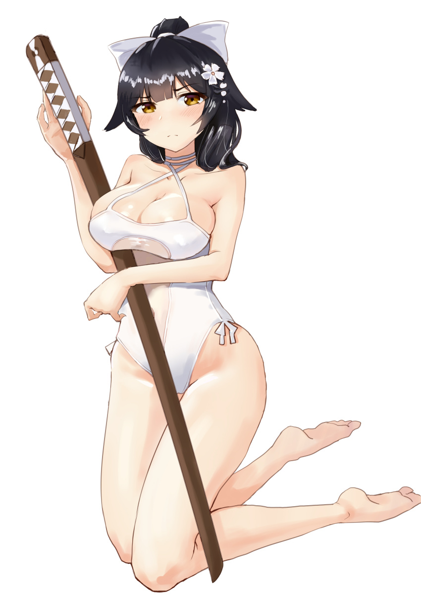 1girl absurdres artist_request azur_lane bare_legs bare_shoulders barefoot black_hair blush bokken bow breasts cleavage collarbone covered_navel eyebrows_visible_through_hair flower full_body hair_bow hair_flaps hair_flower hair_ornament highres kneeling looking_at_viewer medium_breasts medium_hair one-piece_swimsuit ponytail simple_background solo swimsuit sword takao_(azur_lane) weapon white_background white_swimsuit wooden_sword yellow_eyes