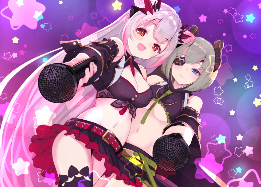 2girls :d absurdres amacha bangs bare_shoulders belt belt_buckle black_jacket black_skirt black_sleeves blue_eyes blush breasts buckle cleavage closed_mouth commentary_request cropped_jacket curled_horns detached_sleeves eyebrows_visible_through_hair eyepatch grey_hair hair_between_eyes highres holding holding_microphone honey_strap jacket long_sleeves looking_at_viewer medium_breasts microphone midriff multiple_girls navel open_clothes open_jacket open_mouth red_belt red_eyes sekishiro_mico silver_hair skirt sleeveless_jacket smile star suou_patra under_boob virtual_youtuber