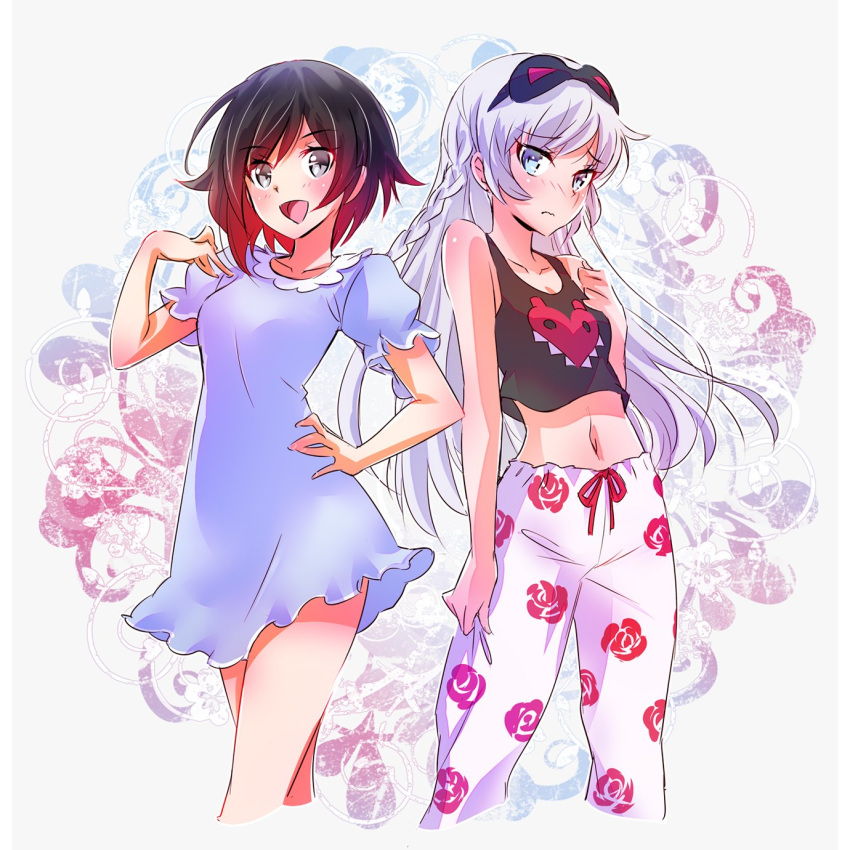 2girls alternate_hairstyle black_hair blue_eyes braid camisole flower gradient_hair highres iesupa long_hair multicolored_hair multiple_girls pajamas redhead rose ruby_rose rwby scar scar_across_eye short_hair tank_top two-tone_hair weiss_schnee white_hair