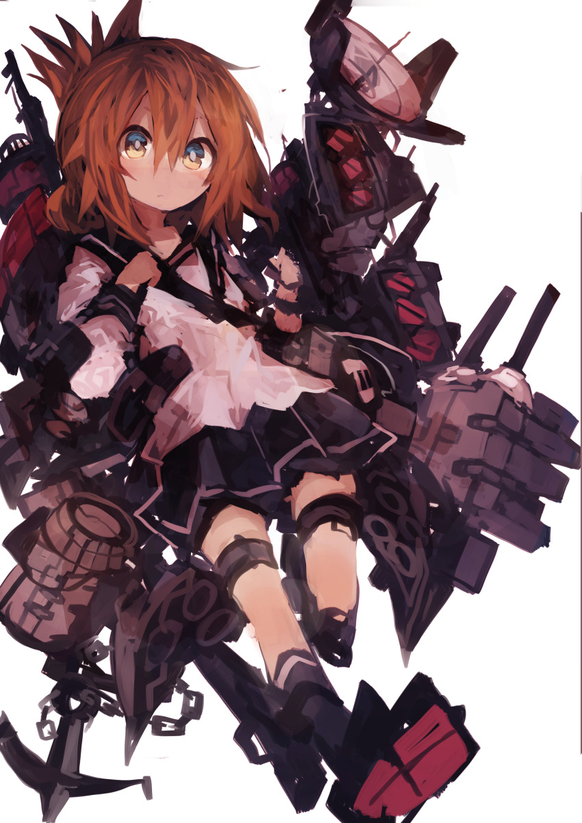 1girl absurdres anchor brown_hair cannon commentary folded_ponytail highres inazuma_(kantai_collection) kaamin_(mariarose753) kantai_collection kneehighs long_hair machinery missile_pod neckerchief pleated_skirt radar_dish rigging rudder school_uniform serafuku skirt smokestack solo yellow_eyes