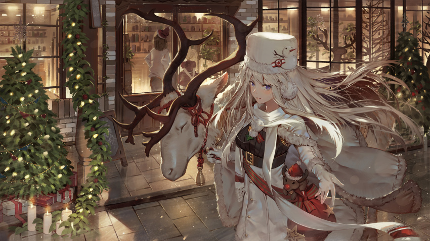 1girl azur_lane belt blush box breasts candle cape christmas christmas_tree commentary_request earmuffs enterprise_(azur_lane) enterprise_(reindeer_master)_(azur_lane) fur_trim gift gift_box gloves hat highres looking_at_viewer medium_breasts official_art outstretched_arm outstretched_arms reindeer santa_costume scarf shop silver_hair solo_focus toriumi_harumi violet_eyes white_gloves wind