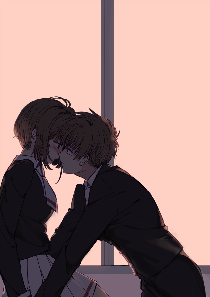 1boy 1girl absurdres antenna_hair arm_support backlighting bangs black_blouse black_jacket black_pants blouse blush brown_eyes brown_hair card_captor_sakura classroom closed_mouth commentary_request eyebrows_visible_through_hair from_side half-closed_eyes hetero highres imminent_kiss indoors jacket jidou_neko kinomoto_sakura leaning_forward li_xiaolang looking_at_another miniskirt neckerchief pants parted_lips partial_commentary pleated_skirt print_skirt school_uniform short_hair single_horizontal_stripe sitting skirt standing tomoeda_middle_school_uniform twilight white_neckwear white_skirt window