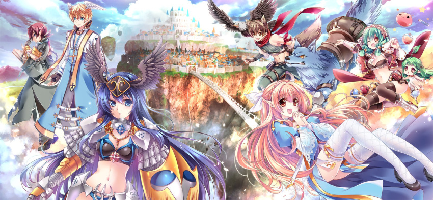 3boys 4girls :d :o ;d above_clouds alchemist_(ragnarok_online) animal animal_ears aqua_eyes arm_ribbon armor ass bangs bare_shoulders belt_pouch bikini_armor bird black_footwear black_gloves blonde_hair blue_eyes blue_hair blue_robe blue_sky book boots braid breasts bridge brown_bikini_top brown_eyes brown_gloves brown_hair brown_legwear brown_skirt castle character_request city cleavage closed_mouth clouds cloudy_sky commentary_request crop_top crown_braid day defensive_wall dress eagle expressionless eyebrows_visible_through_hair fangs faulds fingerless_gloves flask floating_hair floating_island frilled_bikini_top fur-trimmed_sleeves fur_trim gauntlets glasses gloves green_hair green_pants green_shirt grey_robe hair_ribbon hand_on_eyewear hand_up hands_up head_wings headdress headgear highres holding holding_book holding_shield interlocked_fingers jacket juliet_sleeves knee_boots knees_up landscape large_breasts leg_belt legs_up long_dress long_hair long_sleeves looking_at_viewer midriff miniskirt multiple_boys multiple_girls muscle navel one_eye_closed open_book open_clothes open_jacket open_mouth outdoors pants pelvic_curtain pointy_ears poring pouch profile puffy_sleeves ragnarok_online red_eyes red_jacket red_ribbon red_scarf redhead ribbed_shirt ribbon robe saddle saddlebags sakurano_tsuyu scarf shield shirt shoes short_hair shoulder_armor sidelocks skirt sky sleeveless sleeveless_shirt smile star star-shaped_pupils stomach symbol-shaped_pupils tail test_tube thigh-highs very_long_hair violet_eyes wall white_footwear white_legwear white_pants white_ribbon wide_sleeves wolf wolf_ears wolf_tail