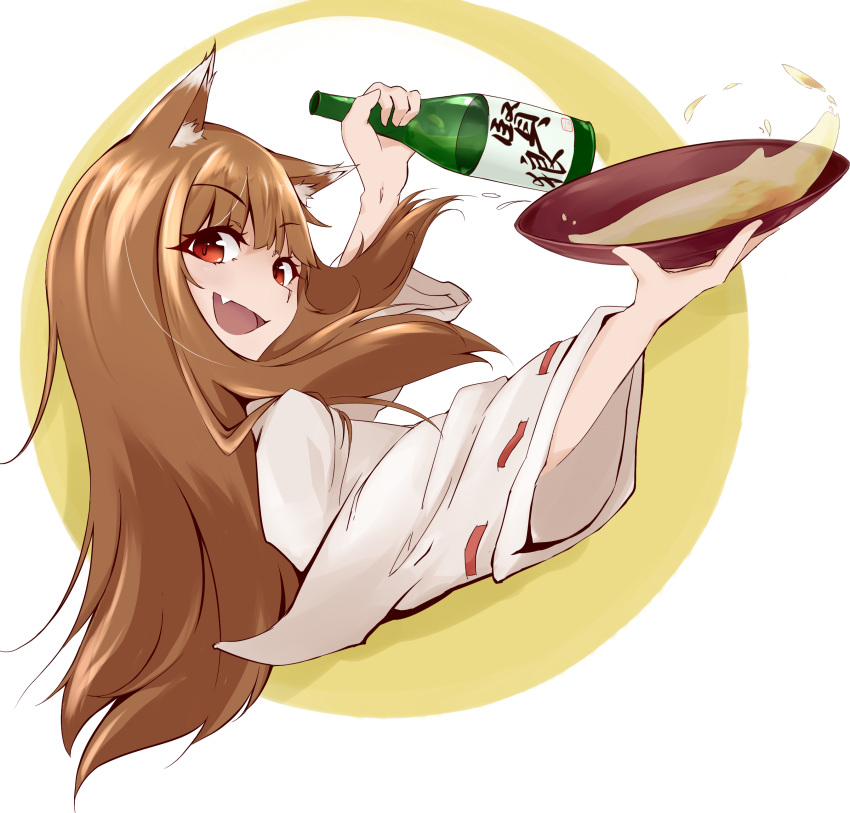 1girl :d absurdres alcohol animal_ears bottle brown_hair cup fang highres holding holding_bottle holo horkew. japanese_clothes long_hair looking_at_viewer miko open_mouth red_eyes sakazuki sake smile solo spice_and_wolf upper_body white_background wide_sleeves wolf_ears