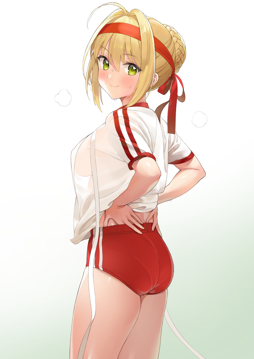 1girl absurdres ahoge ameyame ass blonde_hair blush braid breasts buruma closed_mouth fate/extra fate/grand_order fate_(series) french_braid gradient gradient_background green_eyes gym_uniform hair_between_eyes hair_bun hair_intakes headband highres hips large_breasts long_hair looking_at_viewer looking_back nero_claudius_(fate) nero_claudius_(fate)_(all) olympian_bloomers ribbon shirt short_sleeves smile solo sweat thighs white_background white_ribbon white_shirt