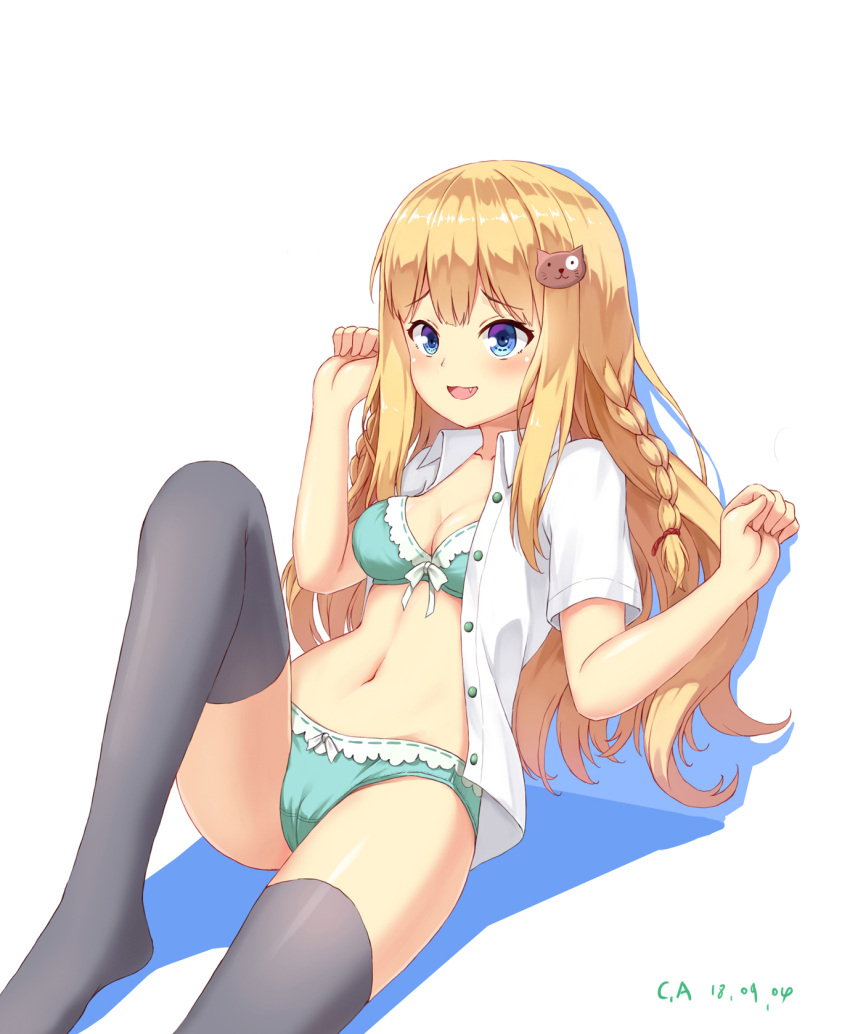 1girl :3 bangs black_legwear blonde_hair blue_eyes bow bow_bra bow_panties bra braid breasts cat_hair_ornament cleavage clenched_hands commentary crotch_seam dated dress_shirt eyebrows_visible_through_hair fang green_bra green_panties hair_ornament highres kemo_(pokka) leg_up light_blush long_hair looking_at_viewer lying medium_breasts navel no_pants on_back open_clothes open_mouth open_shirt original panties shadow shirt short_sleeves signature simple_background smile solo symbol_commentary thigh-highs underwear w_arms white_background white_shirt