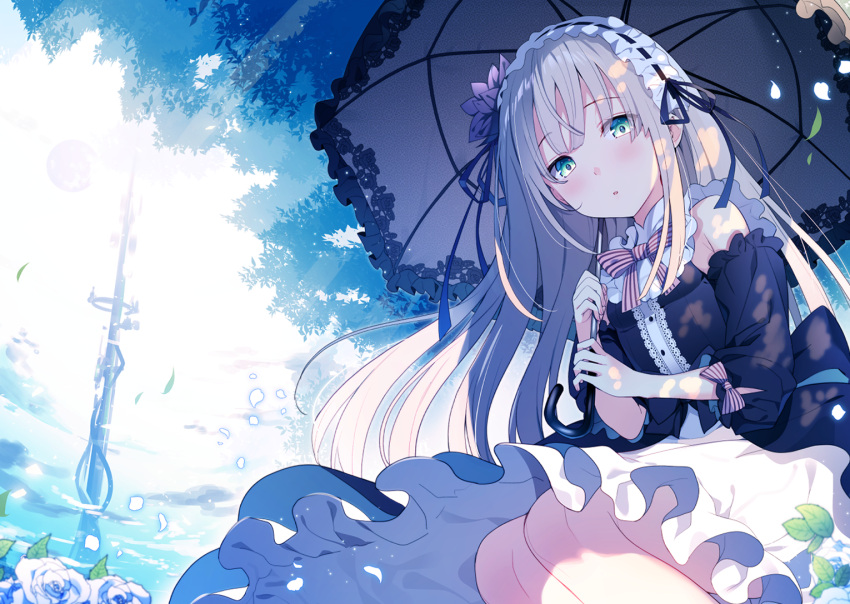 1girl aqua_eyes bangs blue_sky blush bow bowtie breasts cut_(bu-kunn) day detached_sleeves dress eyebrows_visible_through_hair floating_hair flower frills full_moon headdress holding holding_umbrella leaf long_hair looking_at_viewer moon open_mouth original outdoors petals rose shade sidelocks silver_hair sitting sky small_breasts solo striped striped_neckwear tower tree umbrella very_long_hair white_flower white_rose wind