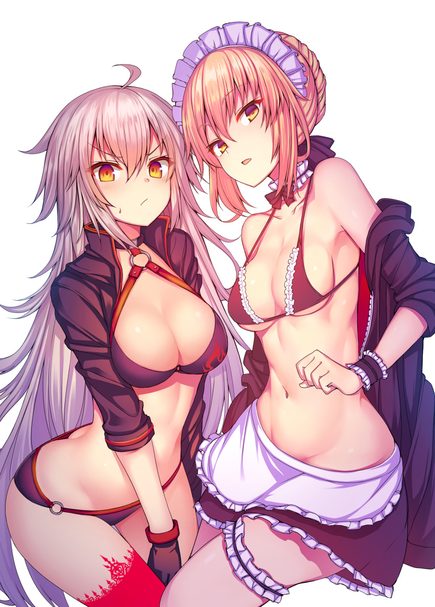 2girls absurdres ahoge apron artoria_pendragon_(all) artoria_pendragon_(swimsuit_rider_alter) bangs bikini black_bikini black_gloves black_jacket blonde_hair blush braid breasts choker cleavage commentary_request crown_braid eyebrows_visible_through_hair fate/grand_order fate_(series) frills gloves groin hair_between_eyes hair_ribbon halter_top halterneck highres jacket jeanne_d'arc_(alter_swimsuit_berserker) jeanne_d'arc_(fate)_(all) large_breasts leg_garter long_hair looking_at_viewer maid_apron maid_bikini maid_headdress medium_breasts multiple_girls navel o-ring o-ring_bikini off_shoulder red_legwear ribbon shrug_(clothing) silver_hair single_thighhigh stomach suteba_(grzjkbhgf) sweatdrop swimsuit thigh-highs very_long_hair yellow_eyes