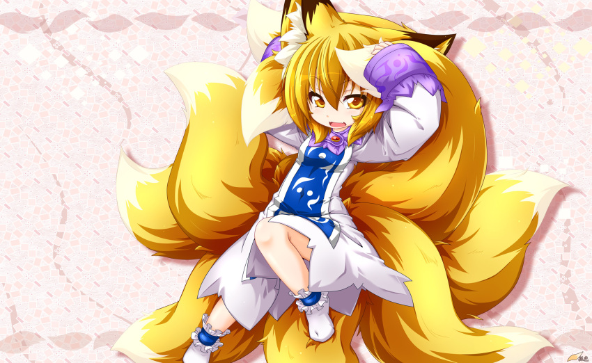 1girl animal_ear_fluff animal_ears ankle_cuffs arms_up blonde_hair bobby_socks dress eyebrows_visible_through_hair fox_ears fox_tail hair_between_eyes highres kazami_karasu long_sleeves medium_hair multiple_tails no_hat no_headwear pink_background socks solo tabard tail touhou white_dress white_legwear wide_sleeves yakumo_ran yellow_eyes younger