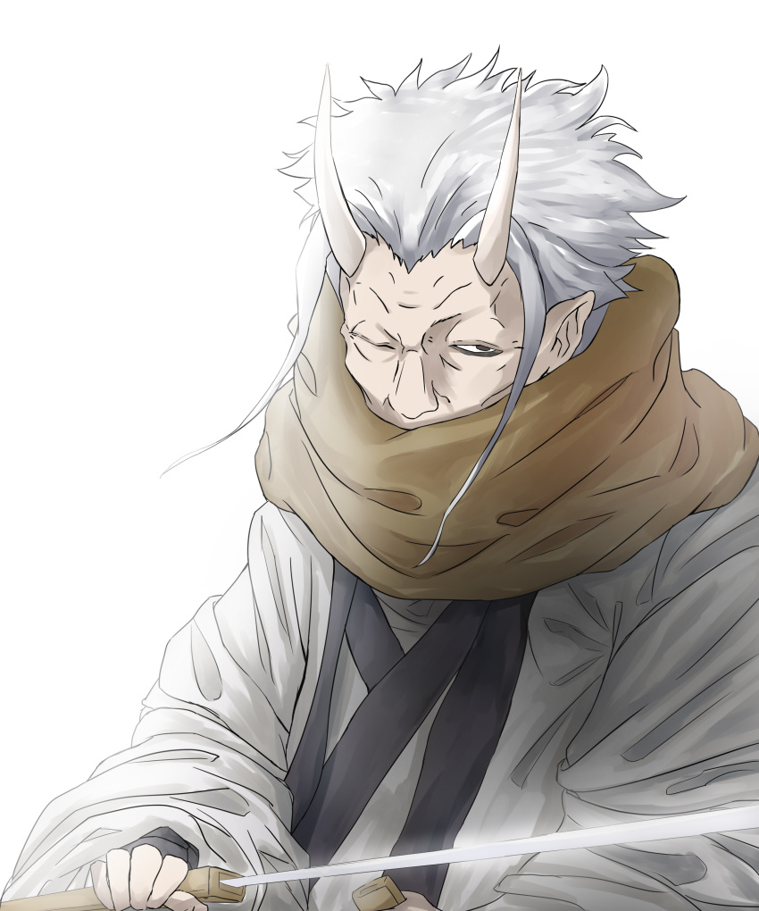 1boy absurdres black_eyes brown_scarf covered_mouth grey_hair hakurou_(tensei_shitara_slime_datta_ken) highres holding holding_sword holding_weapon long_sleeves looking_at_viewer male_focus old_man one_eye_closed oni oni_horns scarf solo sword tensei_shitara_slime_datta_ken upper_body weapon white_background wide_sleeves