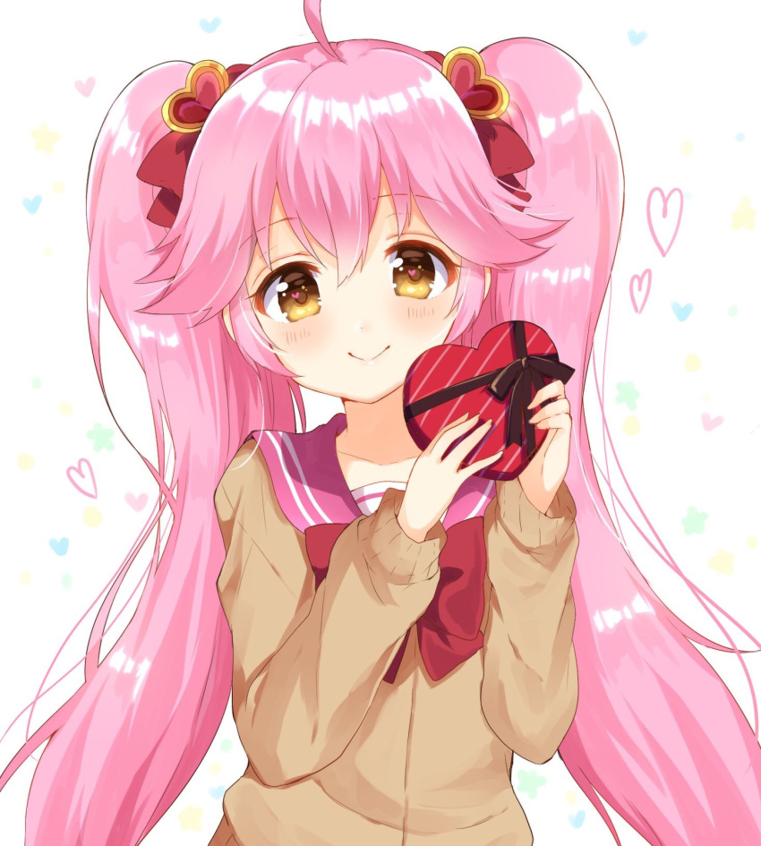 1girl ahoge bangs bow bowtie box brown_cardigan character_request copyright_request gift gift_box hair_bow hair_ornament heart heart-shaped_box heart_hair_ornament heart_in_eye highres holding holding_gift long_hair long_sleeves looking_at_viewer nameneko_(124) pink_hair pink_sailor_collar red_bow red_neckwear sailor_collar school_uniform sidelocks smile solo symbol_in_eye twintails upper_body very_long_hair yellow_eyes