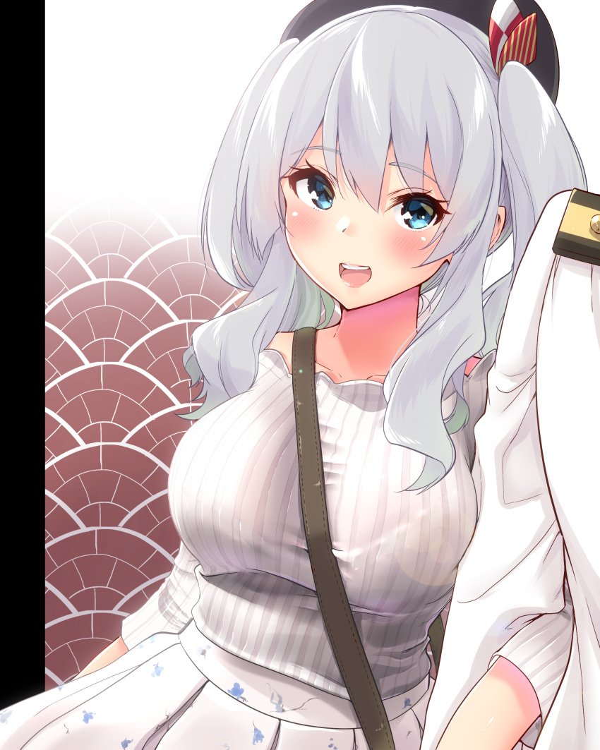 1boy 1girl absurdres admiral_(kantai_collection) alternate_costume bare_shoulders blue_eyes breasts collarbone commentary_request eyebrows_visible_through_hair floral_print grey_jacket grey_shirt height_difference highres jacket kantai_collection kashima_(kantai_collection) large_breasts long_hair long_sleeves looking_at_another military military_uniform naval_uniform open_mouth out_of_frame pink_lips pleated_skirt sarfata shirt sidelocks silver_hair skirt solo_focus striped tsurime twintails uniform vertical_stripes wavy_hair white_jacket