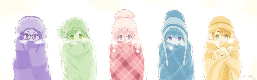 5girls :3 =_= absurdres aqua_eyes beanie blanket blue_hair chihuahua chikuwa_(yurucamp) dated dog earmuffs eyebrows_visible_through_hair glasses green_eyes hat highres inuyama_aoi kagamihara_nadeshiko kuzumochiko lineup long_hair looking_at_viewer multiple_girls number oogaki_chiaki pink_hair purple_hair saitou_ena shima_rin short_hair thick_eyebrows violet_eyes white_background yurucamp