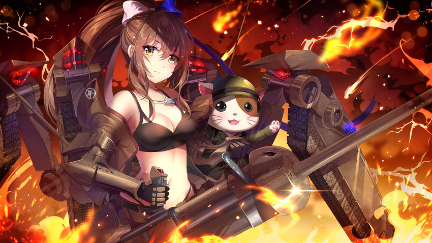 1girl absurdres animal armor_blitz bangs bare_shoulders belt black_gloves black_panties black_shirt blue_ribbon breasts brown_hair brown_jacket brown_shorts cat caterpillar_tracks cleavage closed_mouth crop_top cropped_jacket dog_tags ears_through_headwear fire gauntlets glint gloves gun hair_between_eyes hair_ribbon head_tilt helmet highleg highleg_panties highres holding holding_gun holding_weapon jacket large_breasts light long_hair long_sleeves looking_at_viewer machinery mecha_musume midriff military military_uniform navel off_shoulder official_art open_clothes open_jacket panties ponytail ribbon shirt short_shorts short_sleeves shorts sidelocks sleeveless sleeveless_shirt solo spaghetti_strap sparks squchan standing stomach underwear uniform weapon white_ribbon yellow_eyes