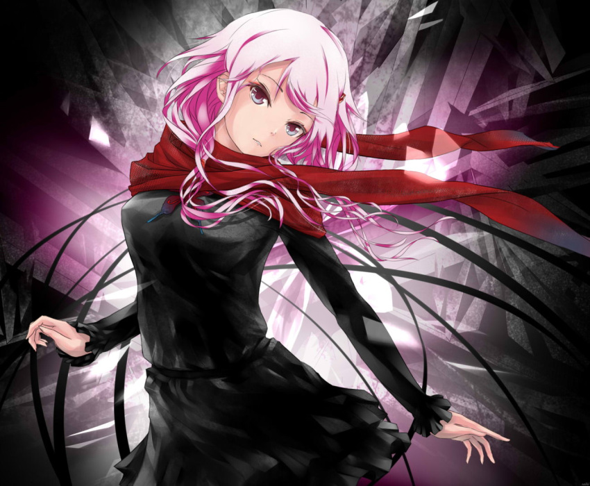 1girl black_dress blue_eyes dress floating_hair guilty_crown head_tilt long_hair long_sleeves looking_at_viewer parted_lips pink_hair red_scarf saiki2 scarf short_dress solo standing yuzuriha_inori