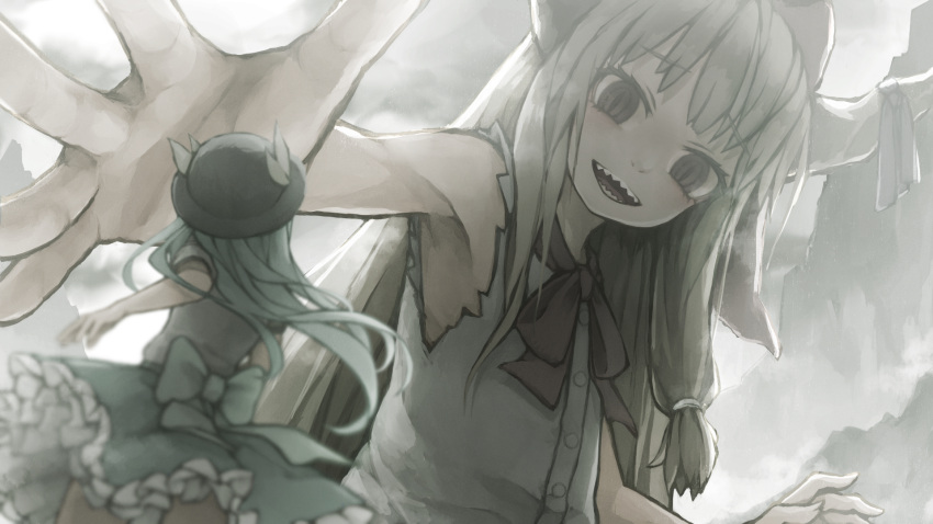2girls armpits back_bow blue_hair blurry bow commentary dutch_angle eyebrows_visible_through_hair facing_away frilled_skirt frills giant giantess hair_ribbon hat highres hinanawi_tenshi horn_ornament horn_ribbon horns ibuki_suika kagikake light_brown_hair long_hair looking_at_another looking_up multiple_girls muted_color neck_ribbon open_mouth outstretched_hand reaching red_eyes red_neckwear red_ribbon ribbon sharp_teeth shirt short_sleeves skirt sleeveless sleeveless_shirt slit_pupils teeth touhou tress_ribbon wallpaper white_ribbon white_shirt