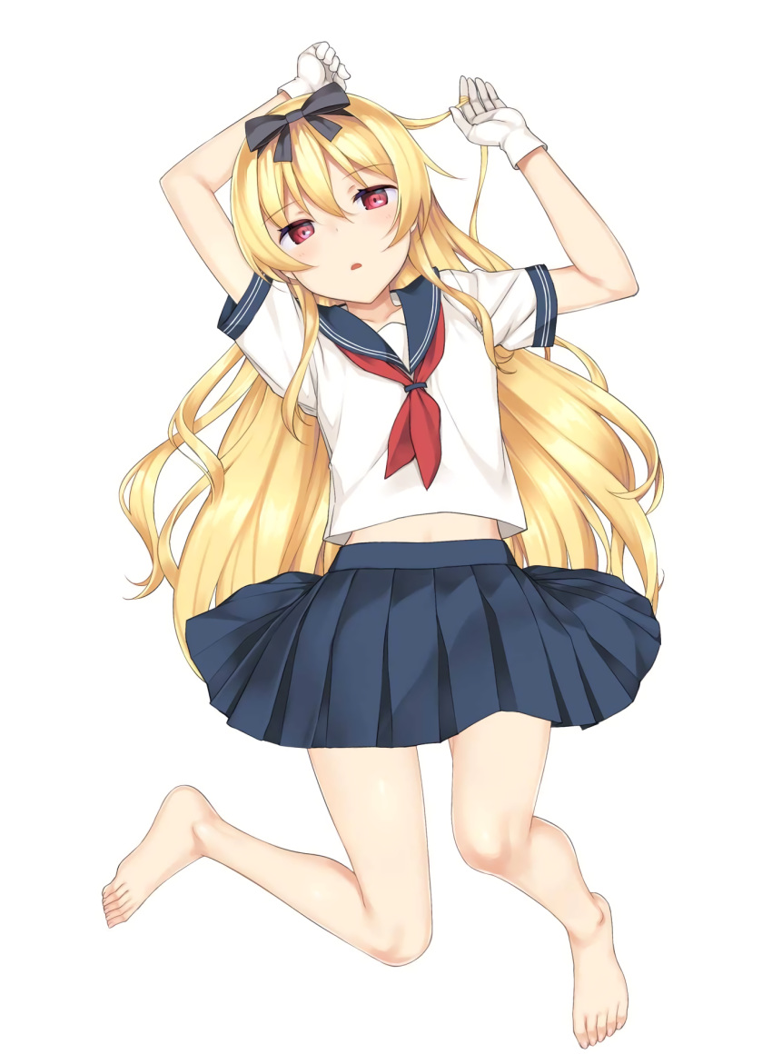 1girl arifureta_shokugyou_de_sekai_saikyou arms_up bangs bare_legs barefoot black_ribbon blonde_hair blue_sailor_collar blue_skirt crop_top crop_top_overhang eyebrows_visible_through_hair full_body gloves hair_between_eyes hair_ribbon highres long_hair looking_at_viewer lying midriff_peek miniskirt neckerchief on_back parted_lips pleated_skirt red_eyes red_neckwear ribbon sailor_collar school_uniform serafuku shirt short_sleeves sidelocks simple_background skirt solo takayaki thighs white_background white_gloves white_shirt yue_(arifureta)